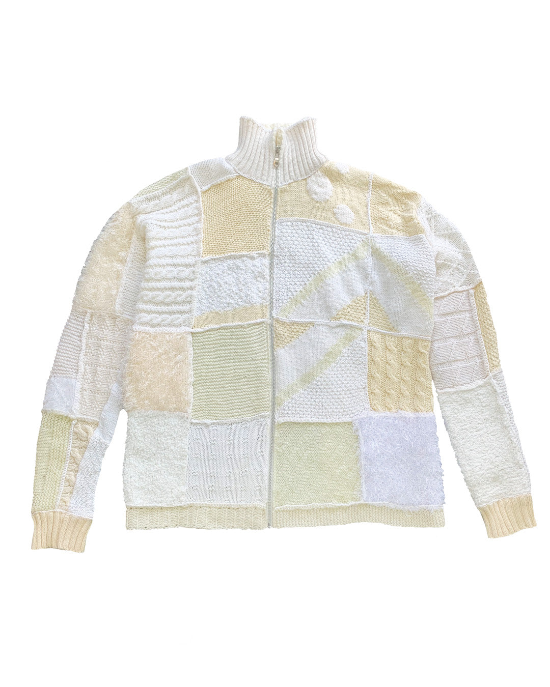 Patchwork knitted zip trough cardigan beige